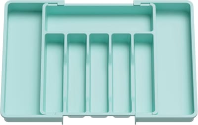 Famanu - Zilverwerk Organizer, Uitbreidbare Gebruiksvoorwerpen Tray voor Lade, Verstelbare Couvert en Bestek Houder, Compacte Plastic Lade Opbergruimte Lepels Vorken Messen, Groot, Turquoise