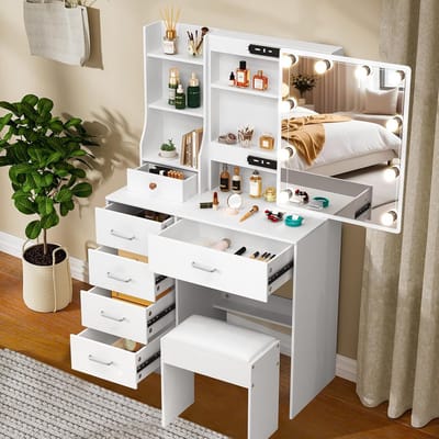 Kaptafel met Verlichting - Dressing Meubel - Make-up Aanbrengen - Verstelbare Helderheid - 80 x 36 x 131 cm - Wit