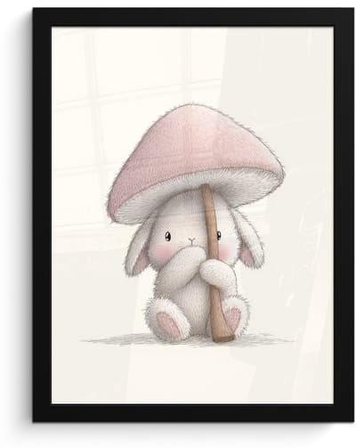 Poster in lijst - Fotolijst 30x40 cm - Posters - Paddenstoel - Konijn - Roze - Posterlijst zwart - Decoratie - Wanddecoratie woonkamer - Muurdecoratie slaapkamer