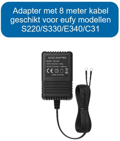 Adapter speciaal voor eufy deurbellen - AC18V 1A - geschikt voor S220/S330/E340/C31 - 8 meter kabel - hoge kwaliteit - werkt gegarandeerd