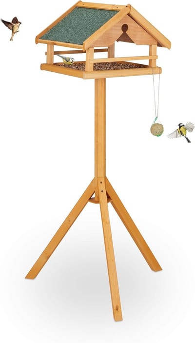 Famanu – Vogelvoederhuisje op standaard - voederhuis - tuin - hout - staand vogelhuisje - HBD 120 x 62 x 55 cm - natuur/groen