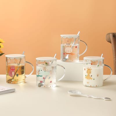Ouvrir Tasse en Verre Cadeau Gain de Place avec Couvercle Cuillère Tasse à Eau Style Dessin Animé Mignon Animal Souvenir Résistant aux Hautes Températures Haut Borosilicate 490ML