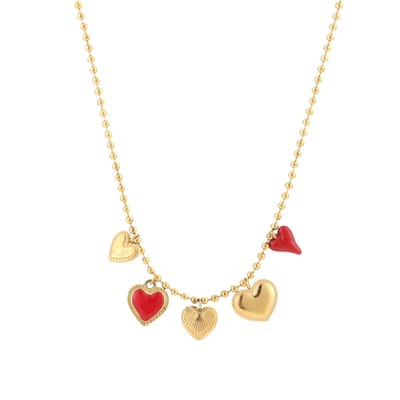 Michelle Bijou - Ketting met hartjes bedels - Charms - Goud - Rood - Stainless steel