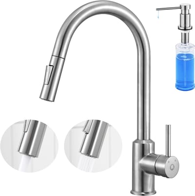 CECIPA Max Keuken kraan - Keukenkraan Met Uittrekbare Uitloop - Met Zeepdispenser 300ML - 360° Draaibare Keukenkraan - Roestvrij Staal Keuken Kraan - Keukenkraan Uittrekbaar - Zilver