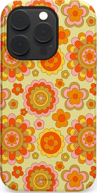 Casetastic Hoesje Geschikt voor Apple iPhone 14 Pro Magsafe - Stijlvolle Beschermende Duo-layer Case - Retro Oranje Bloemen