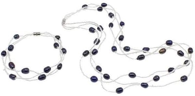 Zoetwaterparel set Twine Pearl Black - parelketting + parel armband - magneetslot - blauw-zwart - sieraden zakje