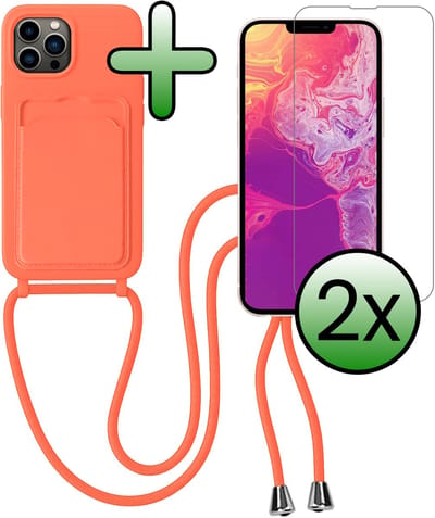 Hoes Geschikt voor iPhone 13 Pro Hoesje Pas Houder Case Hoes Met Koord Met 2x Screenprotector - Hoesje Geschikt voor iPhone 13 Pro Hoes Met Telefoonkoord Pasjeshouder Cover - Papaya