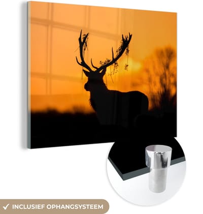 MuchoWow® Glasschilderij 160x120 cm - Schilderij acrylglas - Hert - Oranje - Silhouet - Dieren - Natuur - Foto op glas - Schilderijen