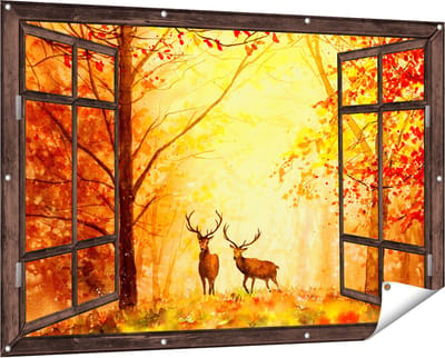 Gards Tuinposter Doorkijk Getekende Herten in het Bos - Herfst - 150x100 cm - Tuindoek - Tuindecoratie - Wanddecoratie buiten - Tuinschilderij