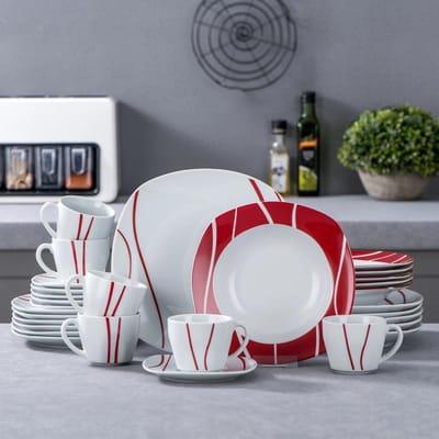 Luxe Serviesset – 30 delig – 6 persoons – Keramiek - Bordenset – Dinner platen – Dessertborden - Kommen - Mokken - Schaaltjes - Wit/ Rood