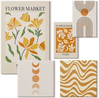 Wallfluent Set van canvas schilderijen - Stijlvolle decoraties met florale en geometrische motieven Canvas Schilderijen Set - Set van 5 Canvas Schilderijen - Oranje Set van Canvas Prints - Natuur Canvas Kunst Set - Boheemse Canvas Kunst Set