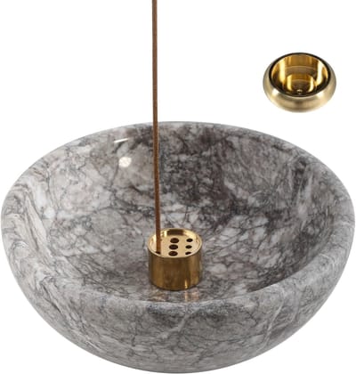 Famanu - Luxe marmeren wierookhouder grijs, 2-in-1 design met asopvangbak, ideaal voor yoga en meditatieruimte
