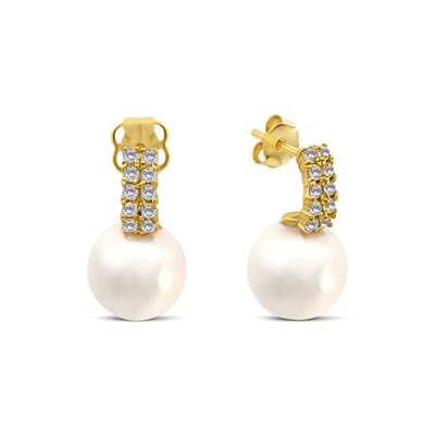 New Bling 9NBSAM-G230279 Gouden Oorknopjes met Parel en Zirkonia - Parel 7mm - 12,5mm Totaal Lengte - 14 Karaat - Goud