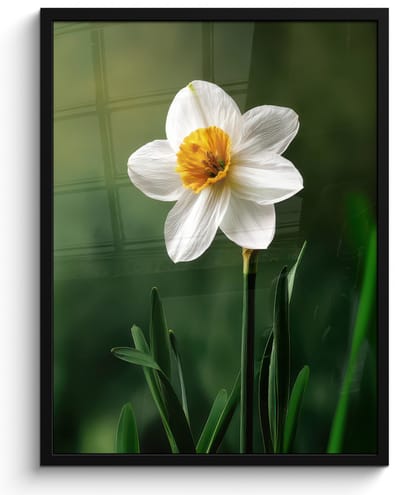 Poster in lijst - Fotolijst 50x70 cm - Posters - Narcis - Bloem - Wit - Grassprieten - Posterlijst zwart - Decoratie - Wanddecoratie woonkamer - Muurdecoratie slaapkamer