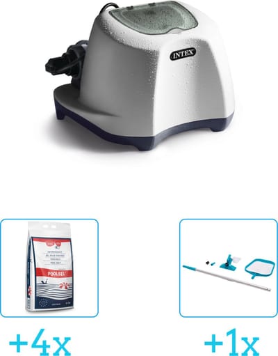Intex QS500 zoutwatersysteem - Zwembaden tot 26.500 liter inclusief Zwembadzout 15 kg. (4 stuks) & Intex Onderhoudsset met telescoopsteel - 2-delig - 28002 (1 stuks)