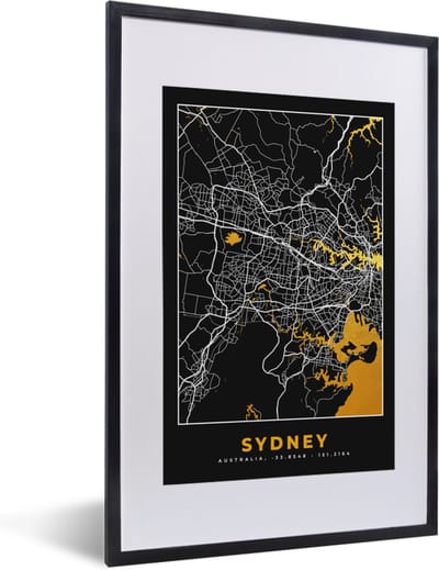 Fotolijst incl. Poster - Sydney - Stadskaart - Plattegrond - Goud - Kaart - 40x60 cm - Posterlijst