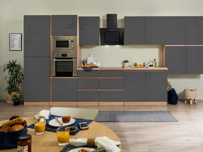 Goedkope keuken 435  cm - complete keuken met apparatuur Lorena  - Eiken/Grijs - soft close - keramische kookplaat    - afzuigkap - oven - magnetron  - spoelbak