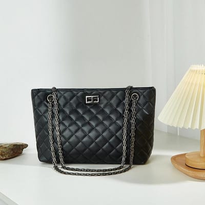 Ruitvormige Ketting Grote Tas, Dames Tas met Hoge Capaciteit, Dames Handtas, Crossbody Tas met Enkele Schouderband, Modieuze Lock Draagtas 35*21*12cm zwart