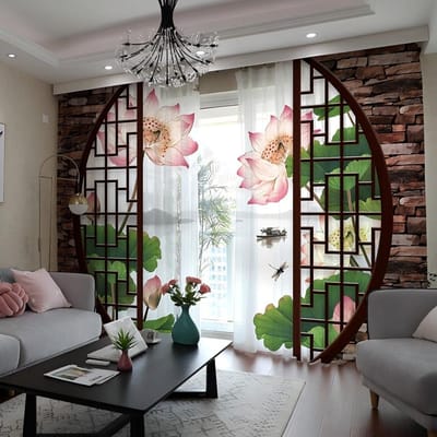 Rideau Chinois Style Chinois Paysage à l'Encre Bambou Lotus Chanceux et Riche Salon Chambre à Coucher cortinas Semi-ombrage Décoration (W50cmxH130cm)x2&Grommet Top white