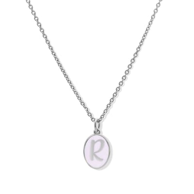New Bling 9LA-20059-R Zilveren Ketting met Letterhangertje - R - Ovaal - 12x8,8mm - Emaille - Lila - Initiaal sieraad - Rhodium - Zilver