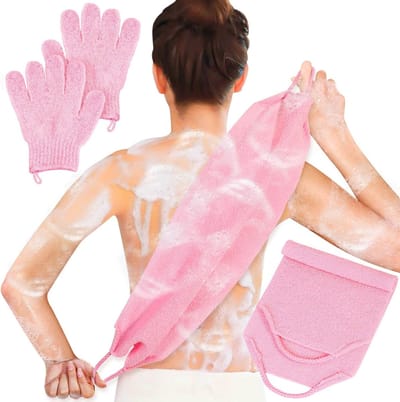 Exfoliërende Douchehandschoenen en Rugschrobber Set voor Lichaam en Gezicht - Perfect voor Scrubben en Verfrissen (Roze)