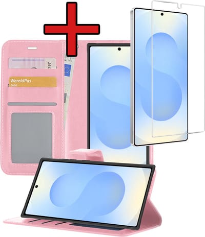 Hoesje - Met Screenprotector - Geschikt voor Samsung Galaxy S25 Ultra - Luxe Pasjeshouder - Flipcase - Bookcase Portemonee - Flip Case - Kunstleer Book Case - Book Cover - Walletcase - Portemonneehoes - Telefoonhoes - Lichtroze