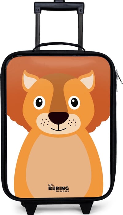 NoBoringSuitcases.com® - Kinderkoffer jongen - Kindertrolley meisje - Dierenportret schattige leeuw - Koffer kind lichtgewicht - Reiskoffer trolley voor kinderen - Koffertje met lichtgevende wieltjes - Rolkoffer zwart