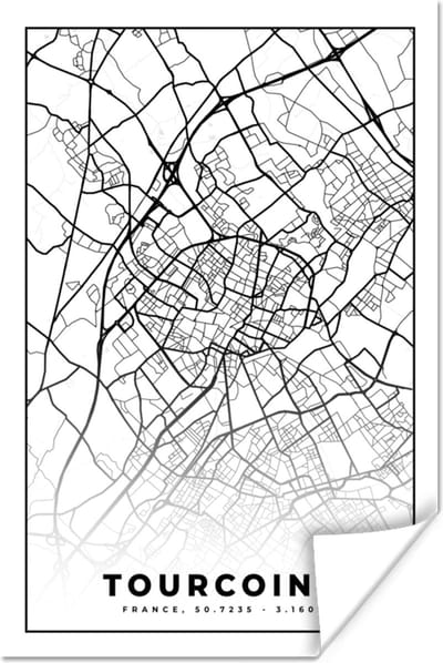 Poster Stadskaart - Tourcoing - Plattegrond - Kaart - Frankrijk - Zwart wit - 120x180 cm XXL