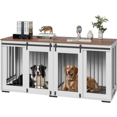 VEVOR Hondenbenchmeubel voor 2 honden, 1800x600x861mm, Dubbele hondenbenchmeubel met dubbele schuifdeuren, Hondenbench-tv-standaard, Stalen frame, Dubbele hondenbench voor kleine, middelgrote en grote honden, Wit