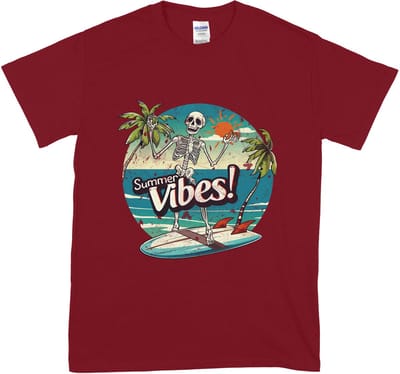 Dames en Heren T-shirt – Grappig Zomer Summer Vibes Skelet - Retro Grunge – Rood – S