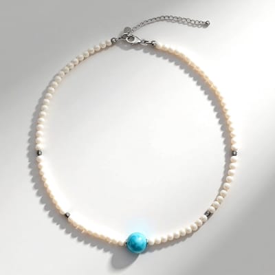 Cavill - Sterren Zilver Halsketting - Gerhodineerd - 16,15 Ct Larimar & 51,35 Ct Seleniet Kralen - 42-60 cm Verstelbaar - Elegant en Stijlvol
