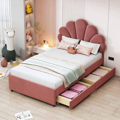 MEUNIQ gestoffeerd kinderbed 90 x 200 cm met lattenbodem en 2 opberglades, normaal bed met bloemvormig hoofdbord voor kinderkamer of logeerkamer, roze