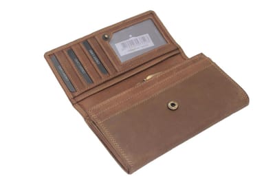 OI Hunter bruine leren huishoudportemonnee met beugel / lange damesbeurs voor veel pasjes met knipsluiting / grote knipportemonnee / RFID SAFE / bruin / 197H