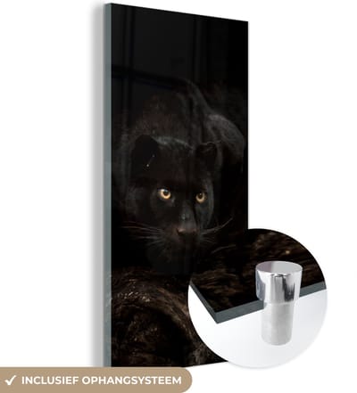 MuchoWow® Glasschilderij 20x40 cm - Schilderij acrylglas - Panter - Bos - Ogen - Foto op glas - Schilderijen