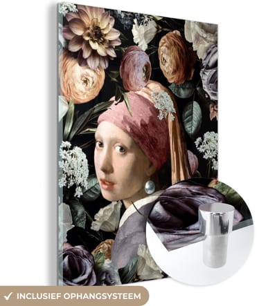 MuchoWow® Glasschilderij 30x40 cm - Schilderij acrylglas - Meisje met de parel - Bloemen - Vermeer - Pastel - Kunstwerk - Schilderij - Oude meesters - Foto op glas - Schilderijen
