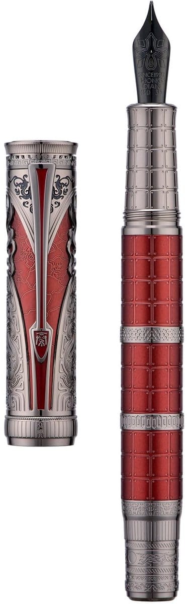 Dailygoods - Hongdian D5X Vulpen Rode Kleur Medium Penpunt, Qin Dynastie Retro Chinese Totem Graveren Gladde Schrijfpen met Converter en Pen Box Set