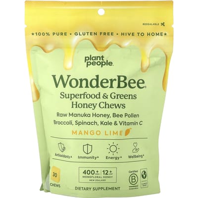 Plant People, Wonderbee®, Superfoods & Greens Honingkauwsnoepjes, Mango Limoen, 30 Kauwsnoepjes