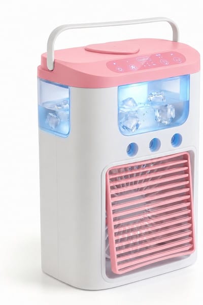 Ventilator - Draagbare luchtkoeler en ventilator - mini airco met 3 snelheden & 3 sproeistanden, 600 ml watertank, RGB-verlichting, oplaadbare mini-tafelventilator（roze）