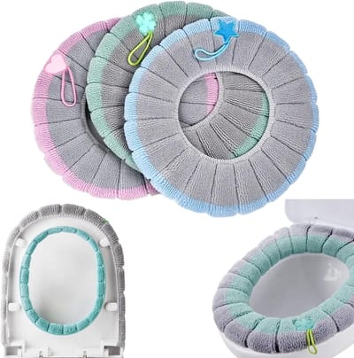 Toiletbrilhoezen - 3-pack - Zachte toiletbrilhoezen - Zachte en comfortabele wintertoiletbrilhoezen - Met ophangring - Herbruikbare toiletbrilhoezen - Universele toiletbrilhoezen - Eenvoudige installatie - Roze - Groen - Blauw