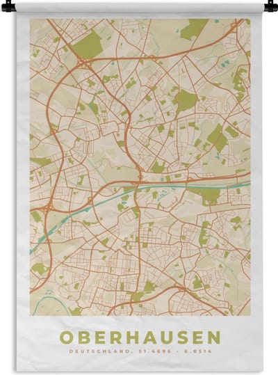 Wandkleed - Wanddoek - Kaart - Oberhausen - Stadskaart - Vintage - Plattegrond - 120x180 cm - Wandtapijt