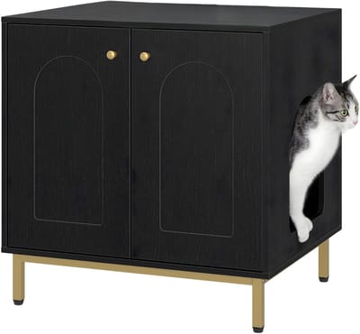 Kattenkast – Voor Binnenkatten – Kattenbak Kast met Deur, Houten Kattenhuis / Bijzettafel voor Huisdieren – 50 x 60 x 61 cm – Zwart
