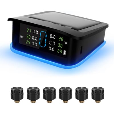 Système de surveillance de la pression des pneus, Moniteur de pression des pneus solaire avec 6 capteurs externes, Lumière ambiante, Affichage en temps réel gray