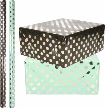 4x Rollen luxe folie inpakpapier zilveren/gouden stippen pakket - mintgroen/zwart 200 x 70 cm - cadeau/kadopapier