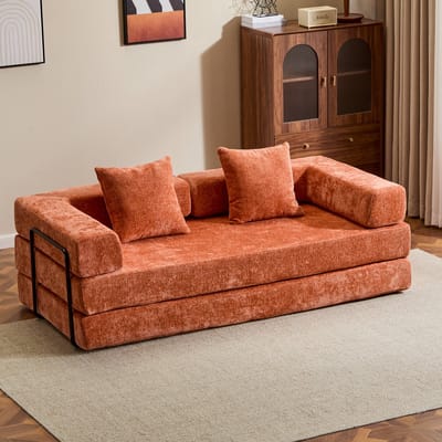 Multifunctionele Chenille Slaapbank – Slaapbank met Vast Frame – Opvouwbaar, Met 2 Kussens en Armleuningen – Comfortabel 4-in-1 Ontwerp – Voor 2 Personen – Bank, Lounger, Logeerbed – Geschikt voor Appartementen of Kleine Ruimtes - Oranje