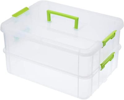 Stapelsysteem voor Opbergbakken met 2 Niveaus, Verstelbare Plastic Opslagdozen met Handvat, Transparante Organizers voor Kunst & Ambachten, Speelgoed en Naaibenodigdheden, Groene Kleur