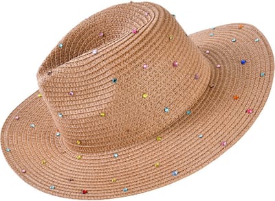 Decopatent - Zonnehoed Dames - Festival Hoed met Glitters - Zomerhoed - Strohoed UV - Strandhoed Hoofddeksel met Brede rand - Hoed voor Volwassenen - Kleur: Naturel