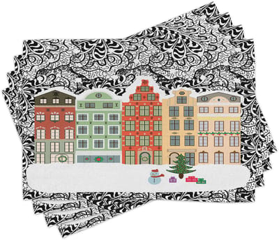 ABAKUHAUS Winter-placematten, Kerstavond Europese stad, digitale druk op wasbare stof, tafeldecoratie voor de eetkamer, koksgrijs multicolor