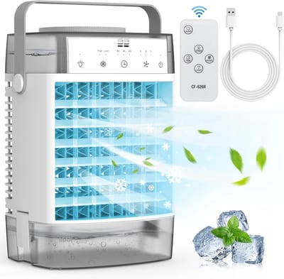 Aircooler met water of ijs-aircooler met koelelementen-verdampingskoele- 1000 ml draagbare airconditioner met afstandsbediening - Krachtige verdampingsairconditioner met 3 snelheden en 7 kleuren LED met timer- Grijs - 19 x 15,6 x 28,6 cm