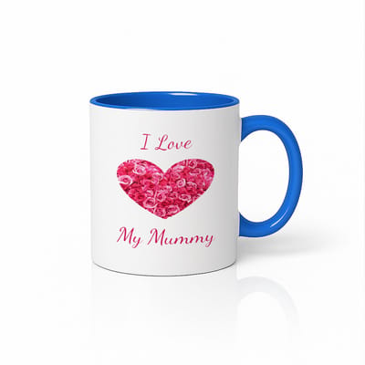 Moederdag Koffiemok - I Love My Mummy - Blauw Oor en Binnenkant met Bloemenhart - 330ml Keramische Beker