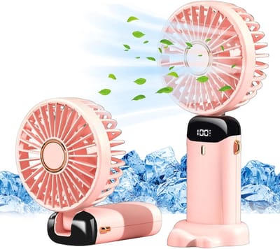 Draagbare handventilator, Draagbare USB Oplaadbare Opvouwbare Mini Desk Ventilator met 5 snelheden, Batterij aangedreven en LED Display voor Home Office, Slaapkamer, Buiten en Reizen (Roze)